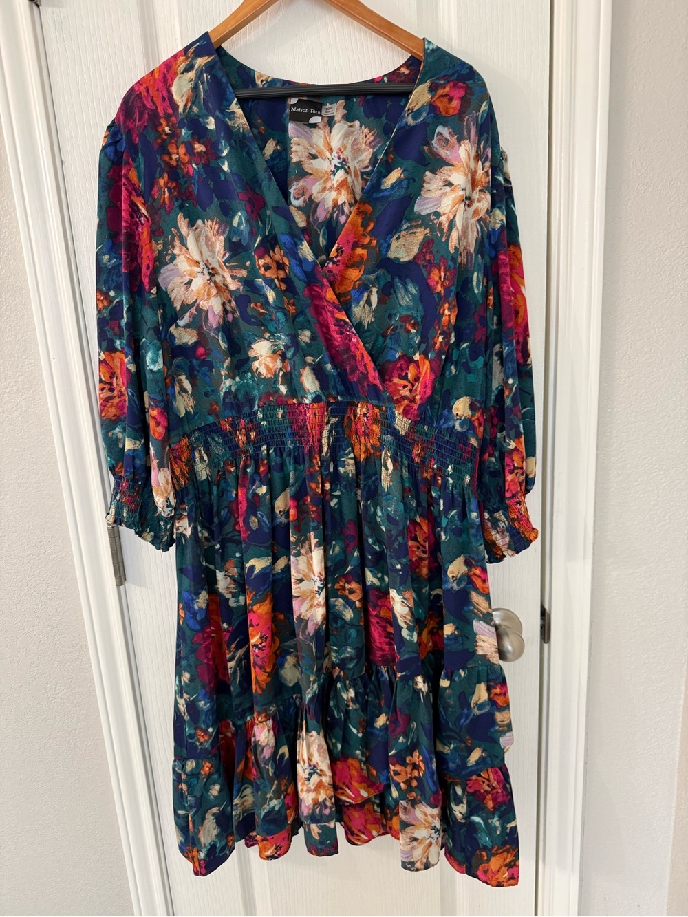 Maison Tara Teal Floral V-Neck Dress with Multicolor Blooms